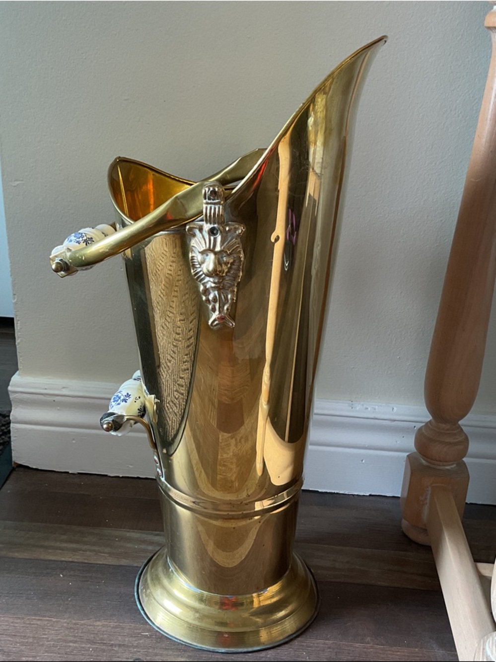 Vintage Brass Coal Scuttle with Porcelain Handles